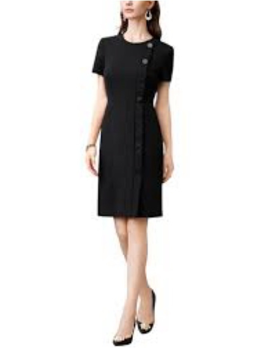 Tory Burch Black Short-Sleeve Midi Shift Dress with Side Button Detail 718